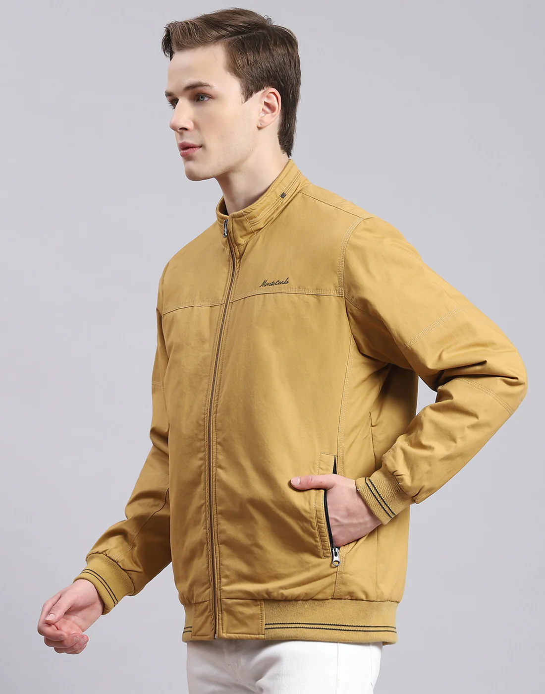Men Mustard Solid Stand Collar Full Sleeve Jacket - Image 3