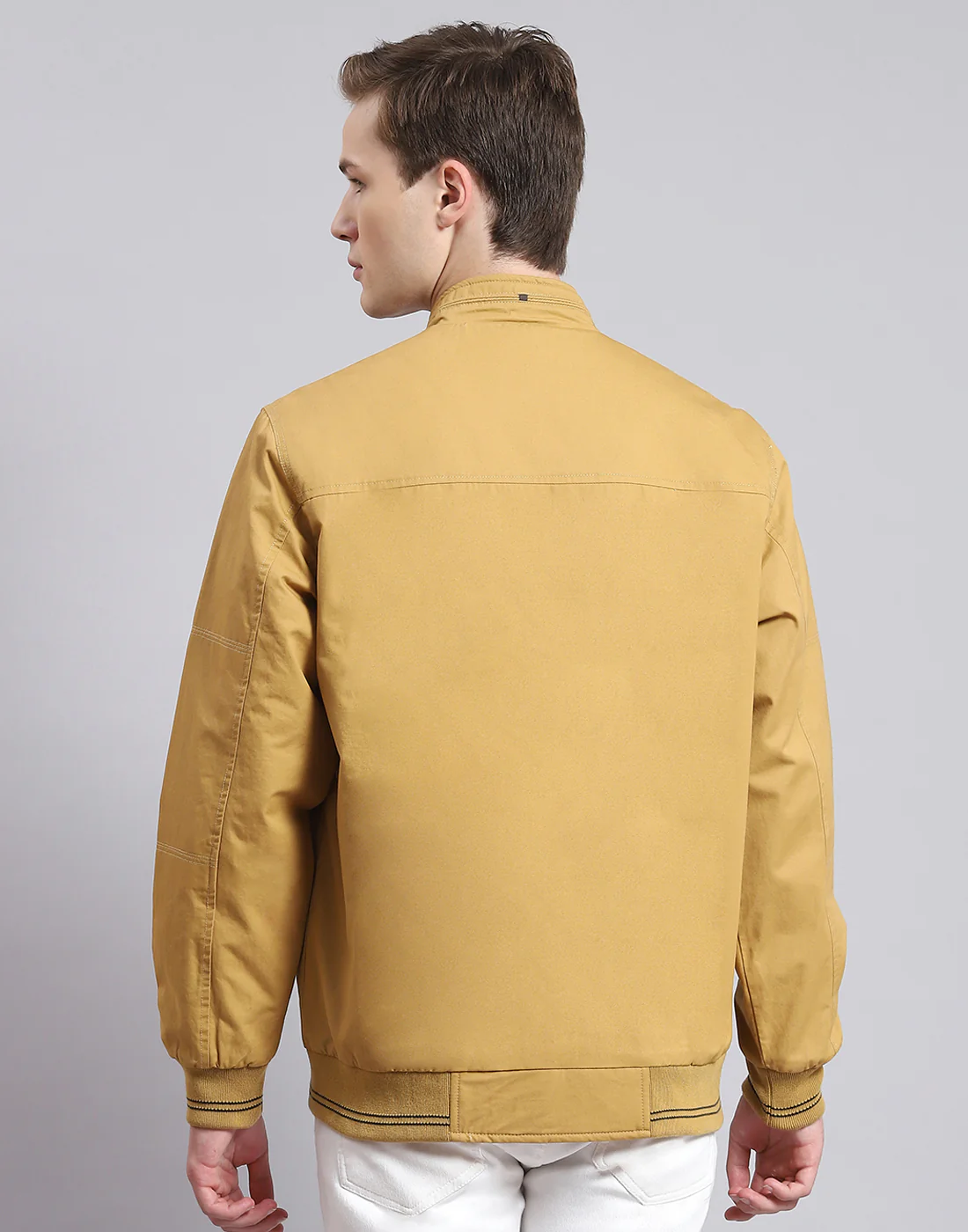 Men Mustard Solid Stand Collar Full Sleeve Jacket - Image 5