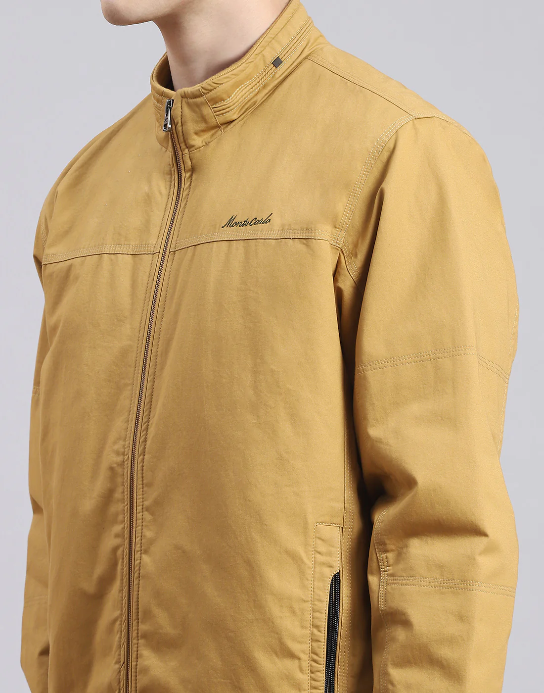 Men Mustard Solid Stand Collar Full Sleeve Jacket - Image 6