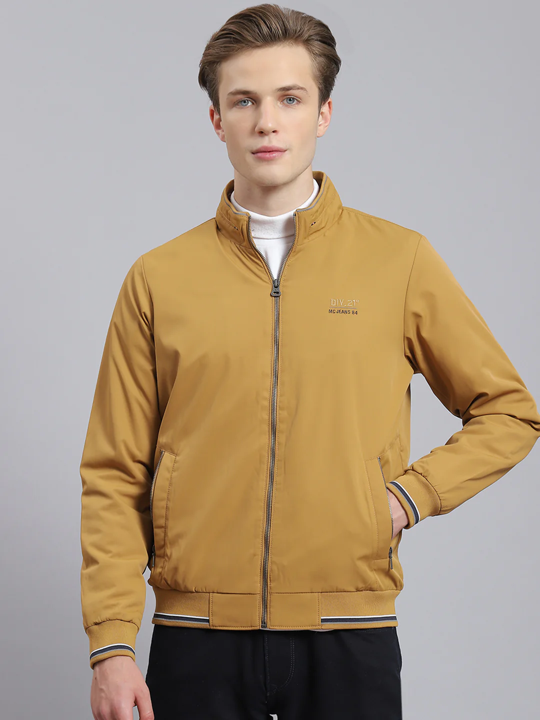 Men Mustard Solid Stand Collar Full Sleeve Jacket - Image 5