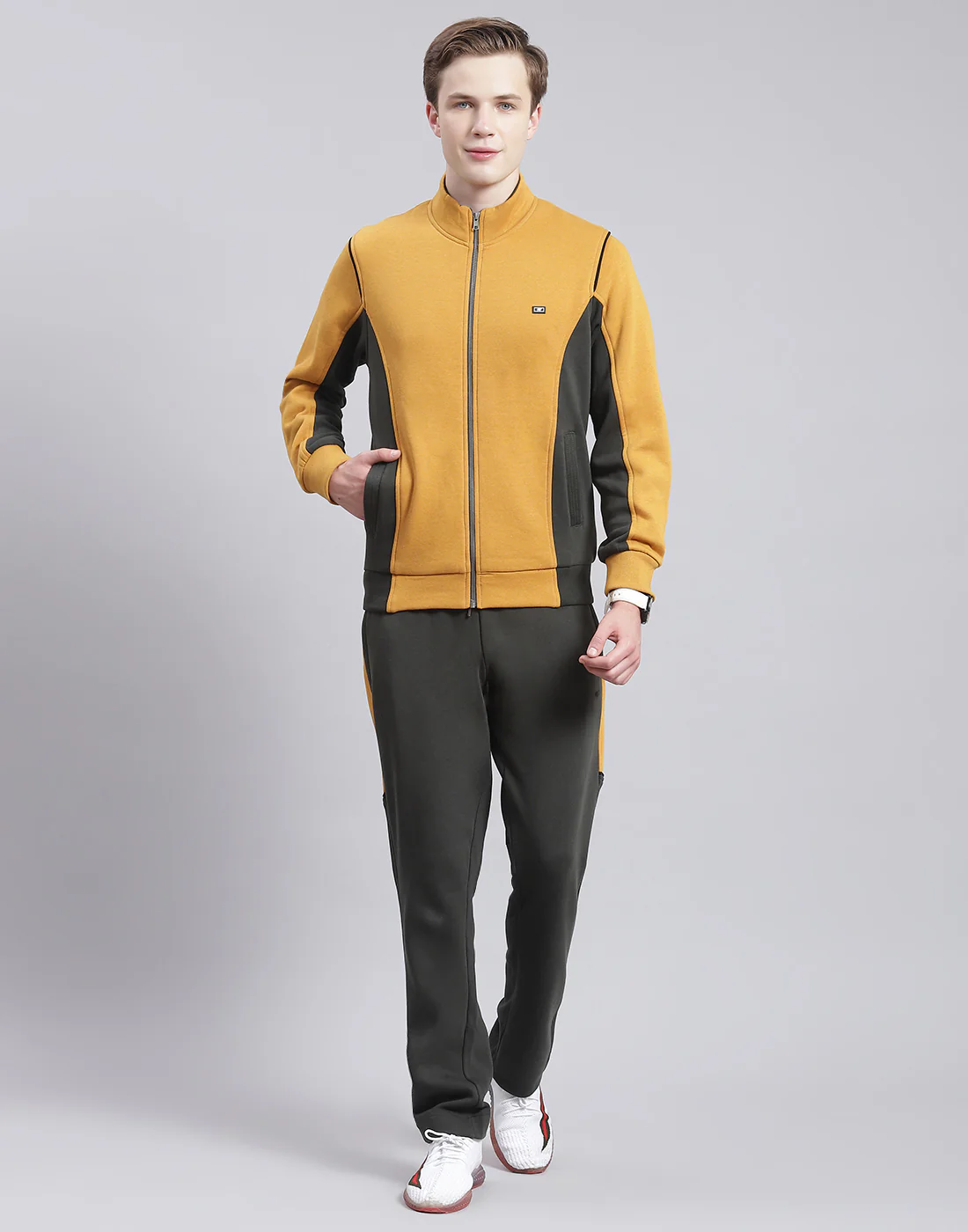 Men Mustard Solid Stand Collar Full Sleeve Tracksuit - Image 2