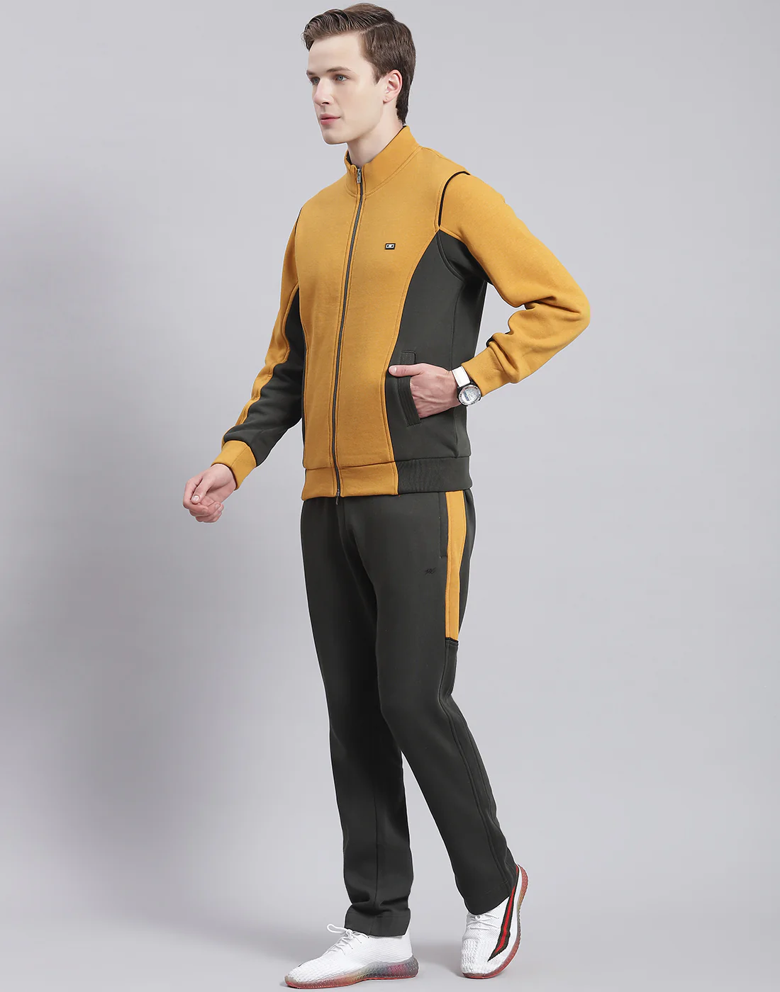 Men Mustard Solid Stand Collar Full Sleeve Tracksuit - Image 3