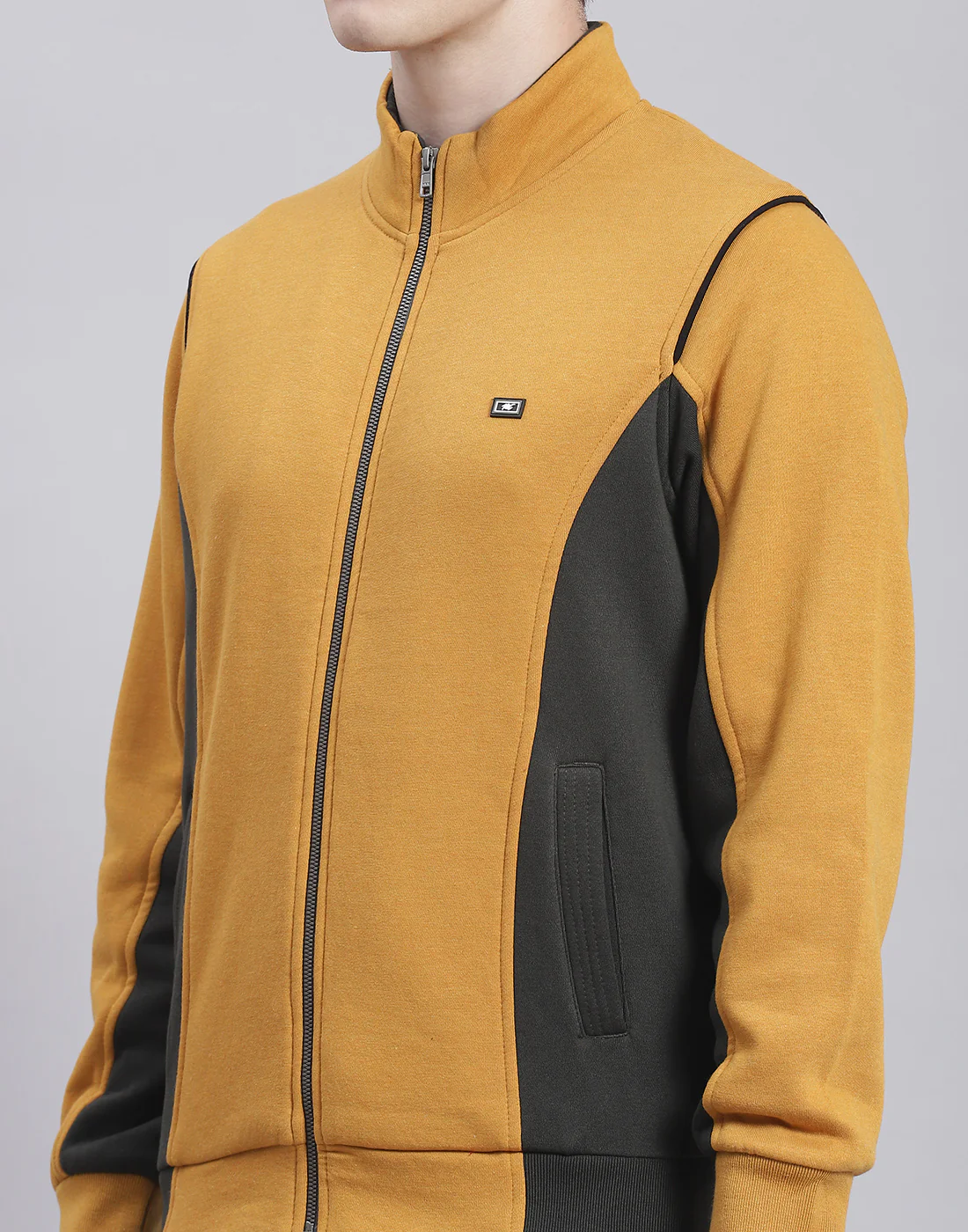 Men Mustard Solid Stand Collar Full Sleeve Tracksuit - Image 6