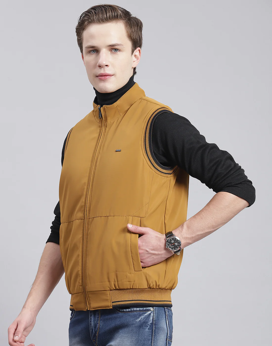 Men Mustard Solid Stand Collar Sleeveless Jacket - Image 5