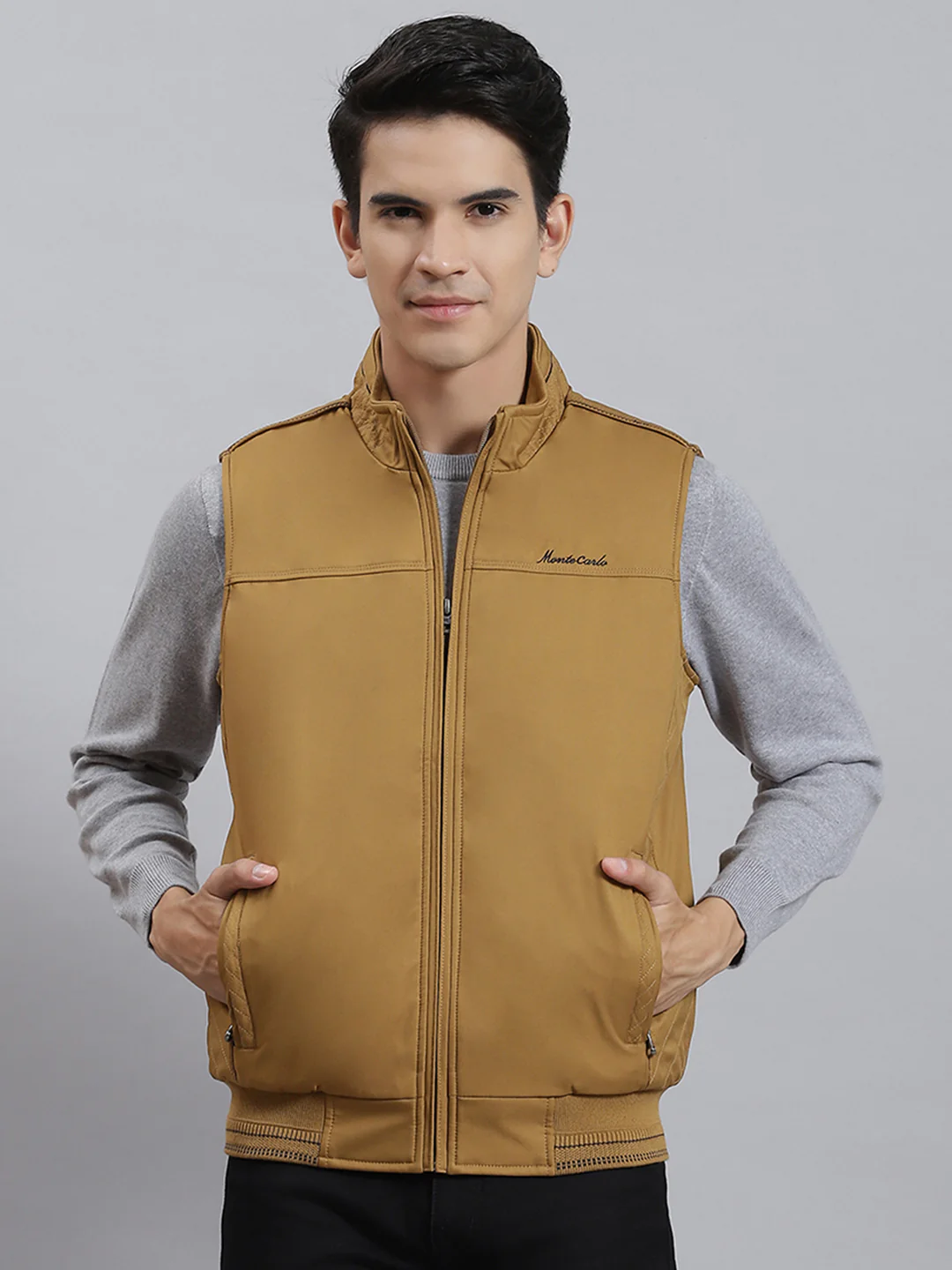 Men Mustard Solid Stand Collar Sleeveless Jackets - Image 2