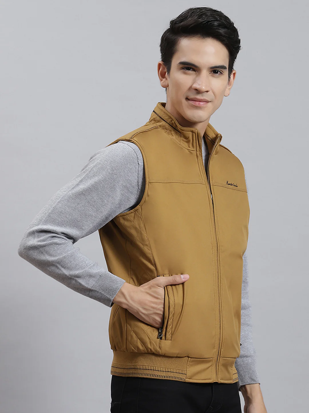 Men Mustard Solid Stand Collar Sleeveless Jackets - Image 4
