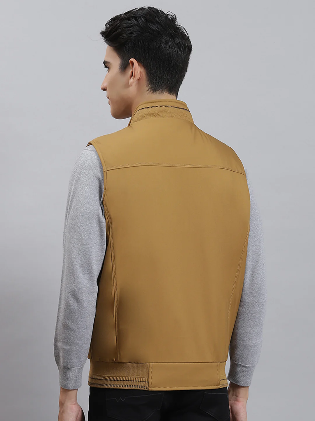 Men Mustard Solid Stand Collar Sleeveless Jackets - Image 5