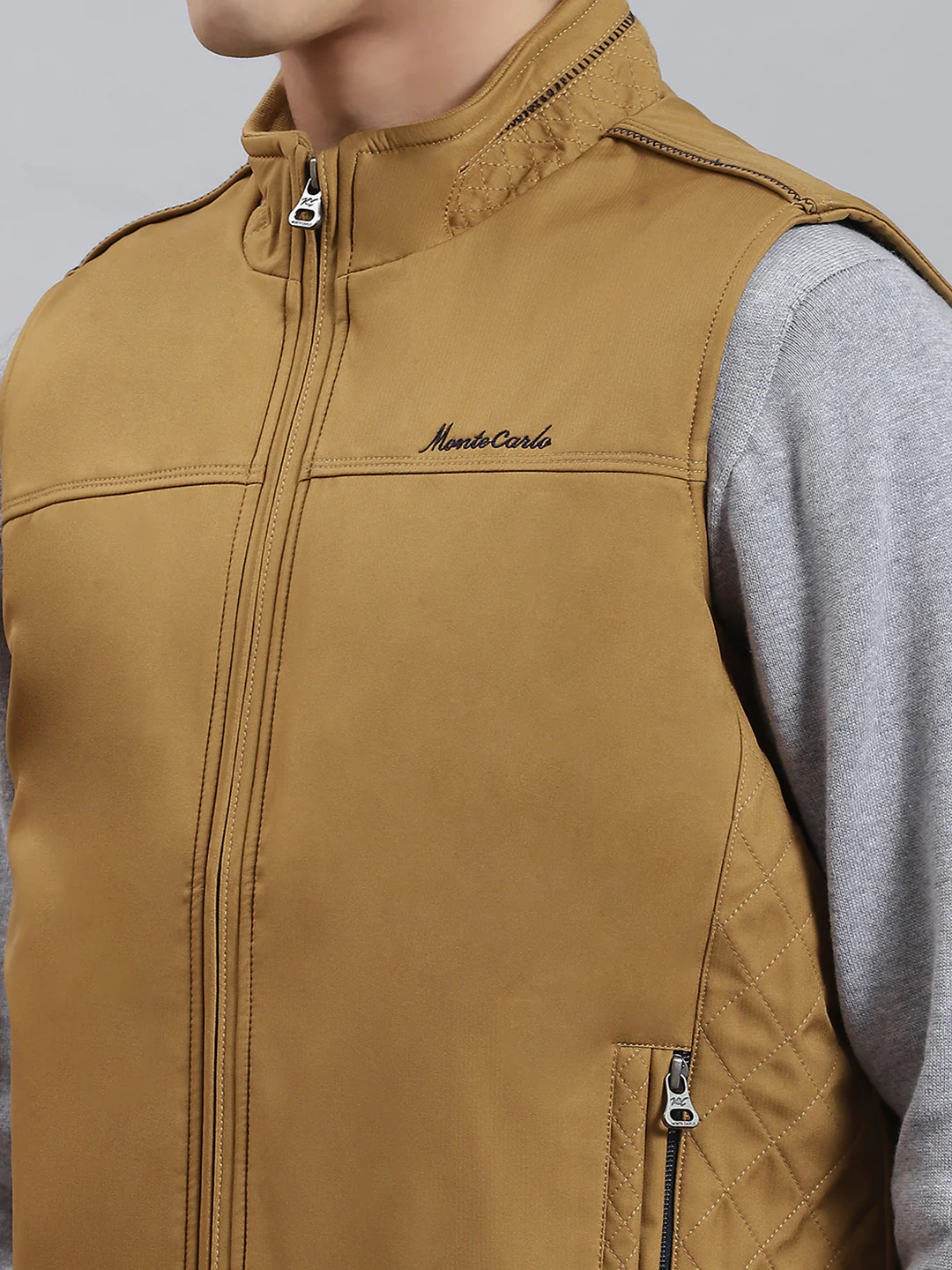 Men Mustard Solid Stand Collar Sleeveless Jackets - Image 6
