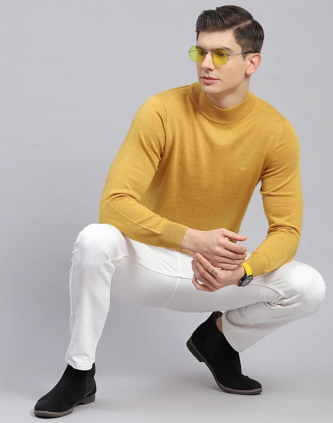 Men Mustard Solid T Neck Full Sleeve Sweater - Image 2