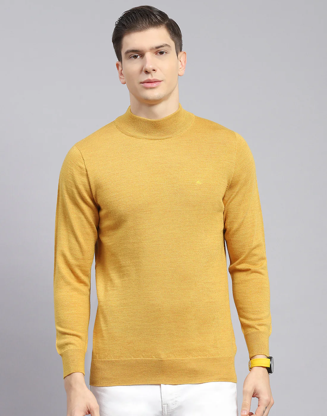 Men Mustard Solid T Neck Full Sleeve Sweater - Image 3