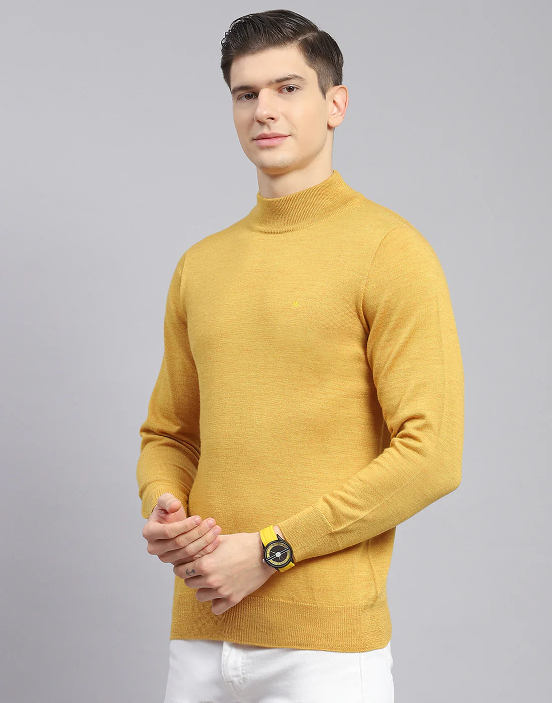Men Mustard Solid Turtle Neck Full Sleeve Pullover - Image 4
