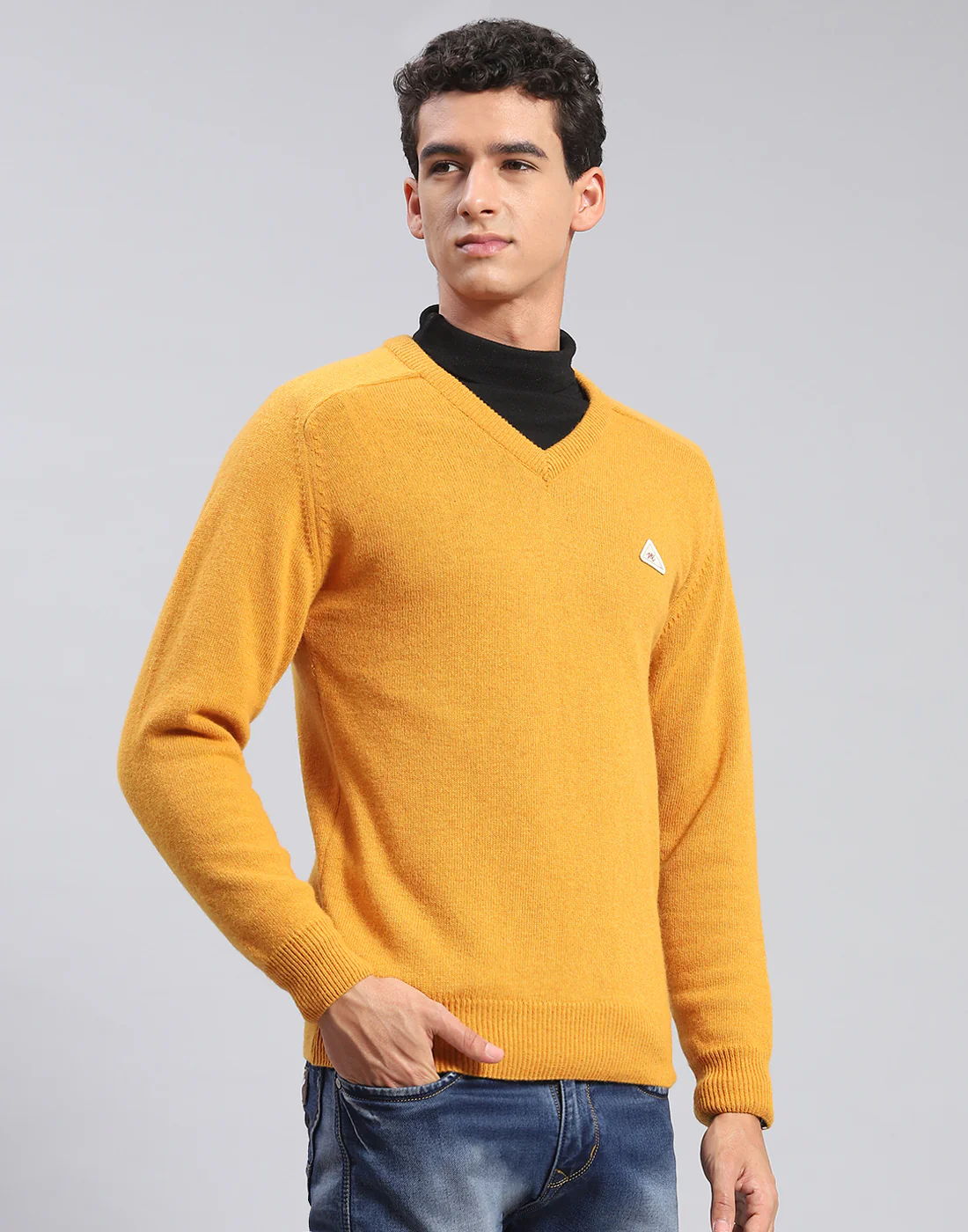 Men Mustard Solid V Neck Full Sleeve Pullover - Image 4