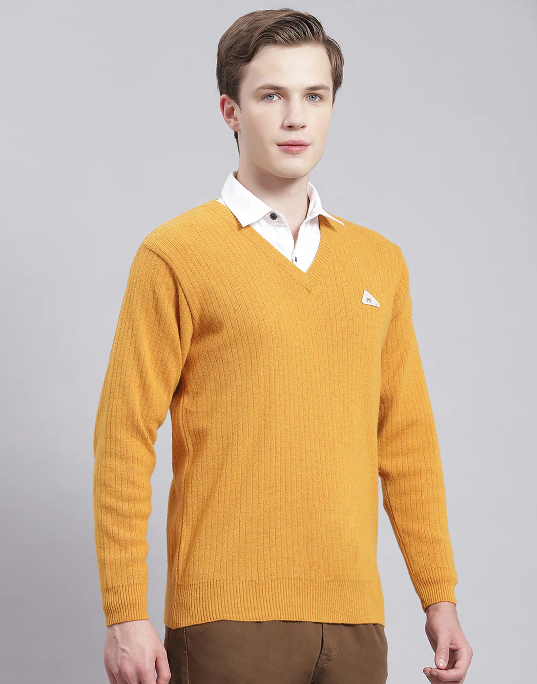 Men Mustard Solid V Neck Full Sleeve Pullover - Image 4