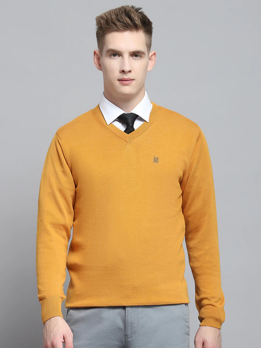 Men Mustard Solid V Neck Full Sleeve Pullover