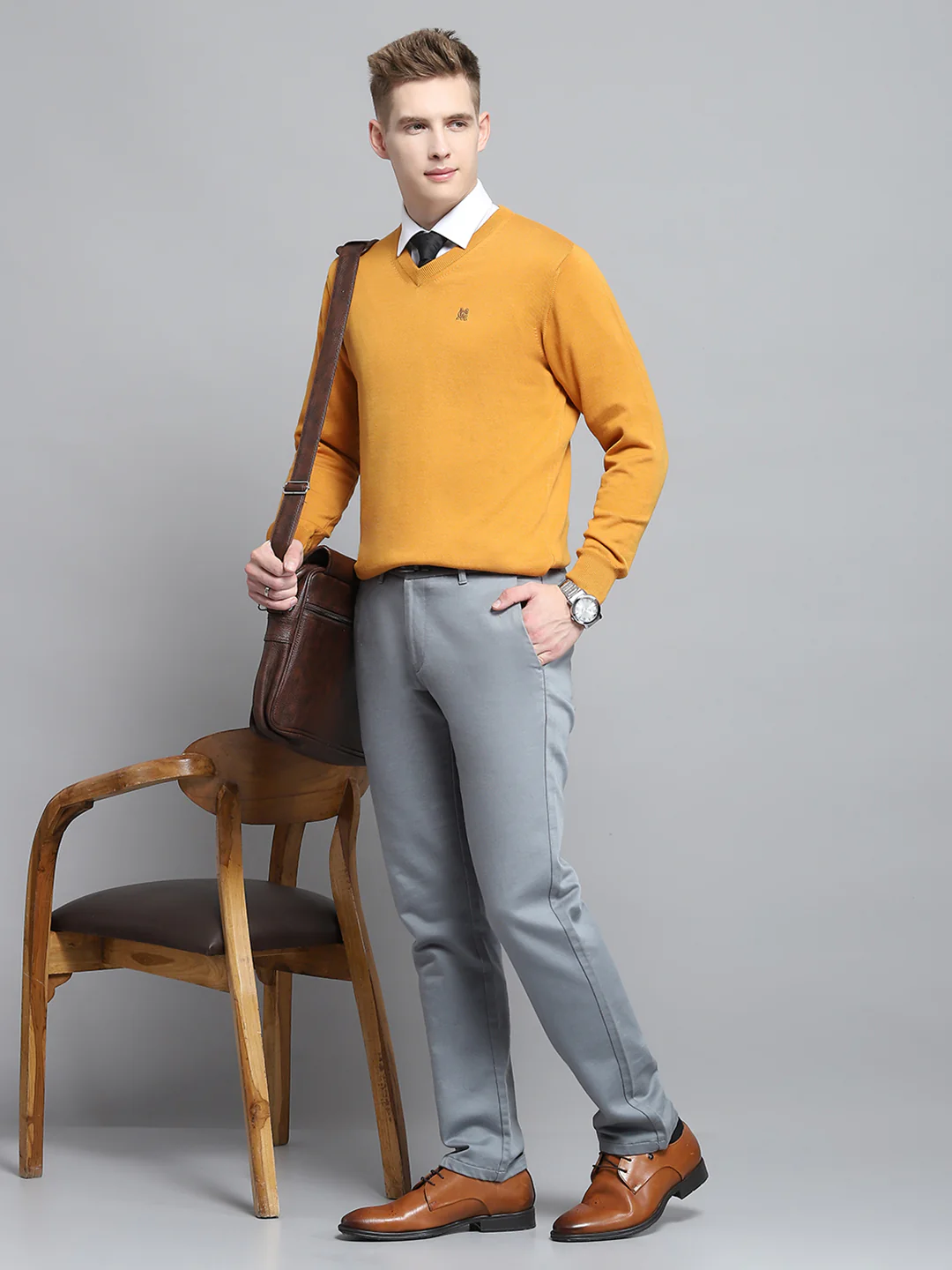 Men Mustard Solid V Neck Full Sleeve Pullover - Image 2