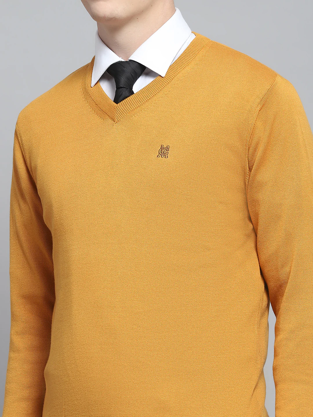 Men Mustard Solid V Neck Full Sleeve Pullover - Image 6