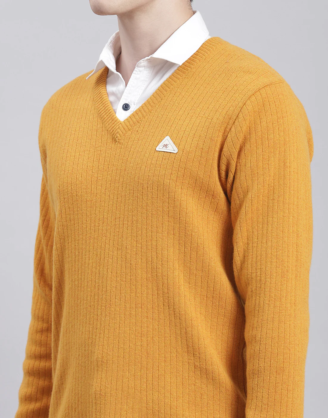 Men Mustard Solid V Neck Full Sleeve Sweater - Image 6