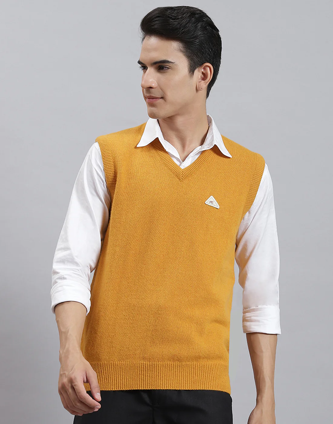 Men Mustard Solid V Neck Sleeveless Sweater - Image 2