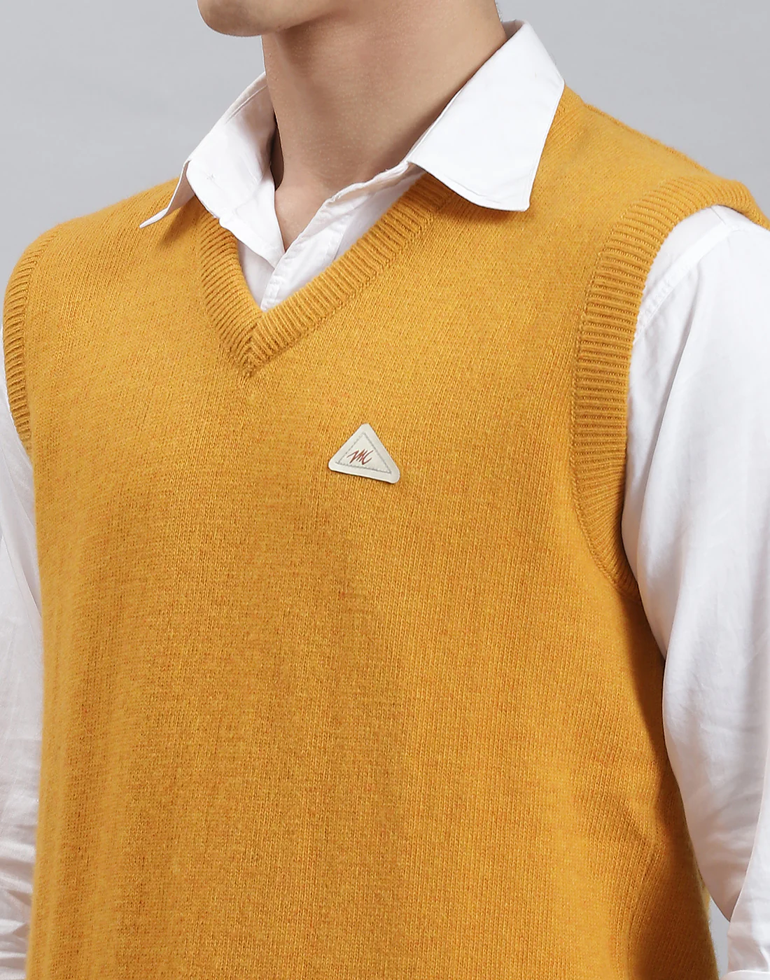 Men Mustard Solid V Neck Sleeveless Sweater - Image 6
