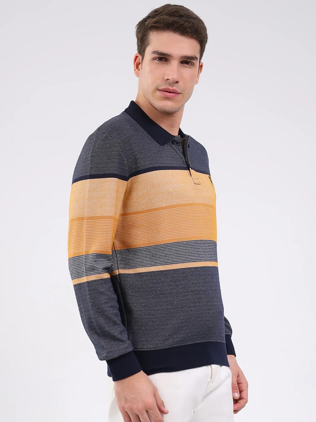 Men Mustard Stripe Collar Full Sleeve Winter T-Shirt - Image 4