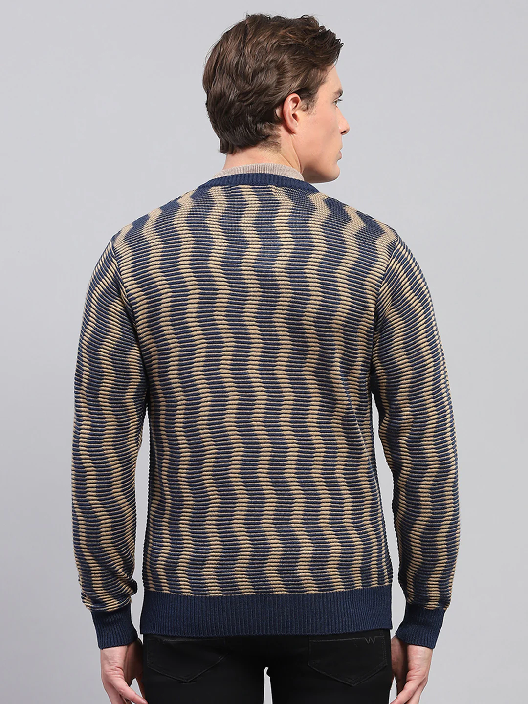 Men Navy Blue & Beige Self Design V Neck Full Sleeve Pullover - Image 5