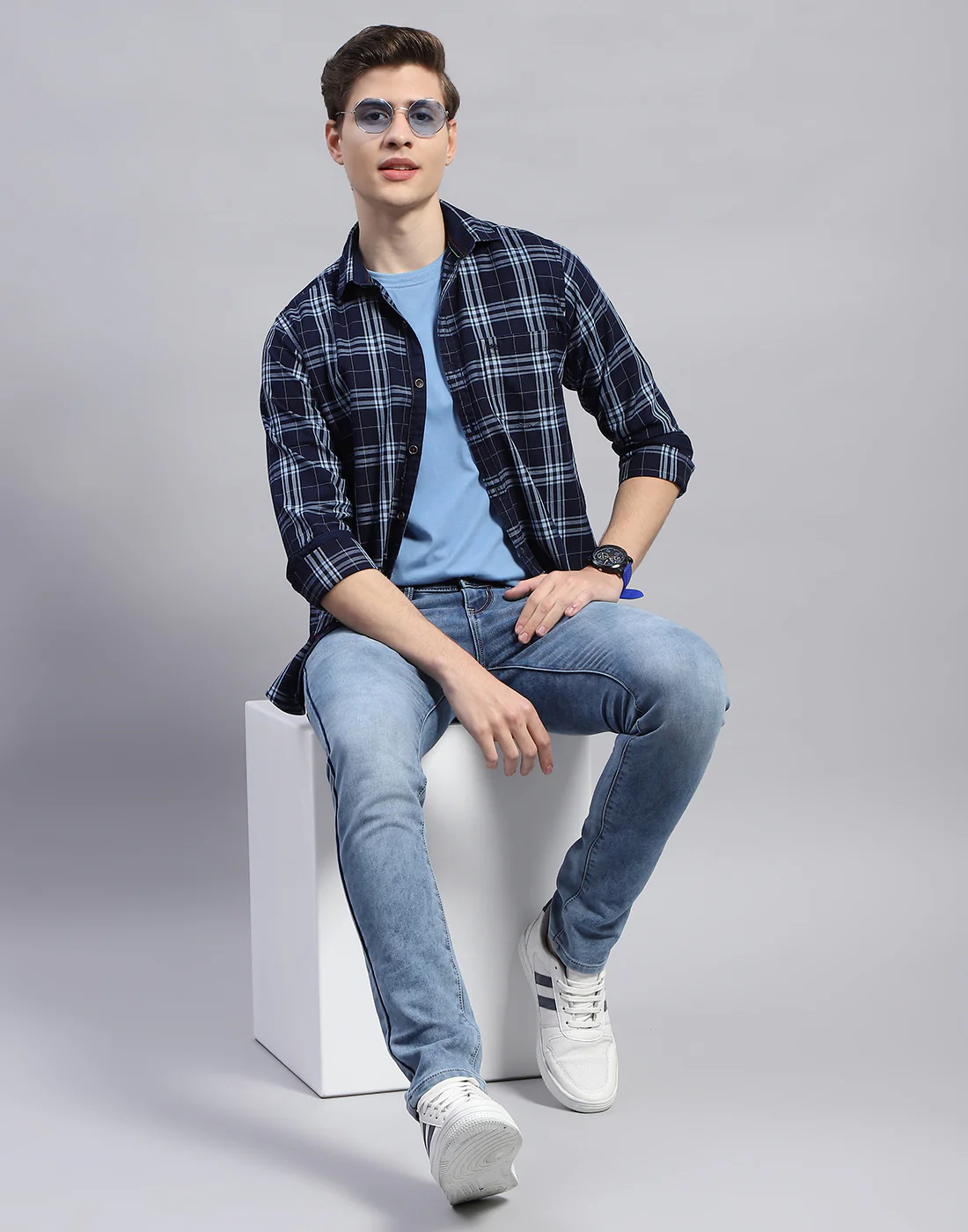 Men Navy Blue Check Collar Full Sleeve Shirt