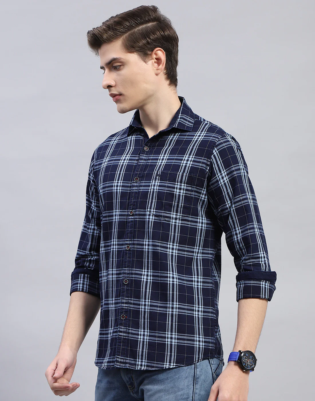 Men Navy Blue Check Collar Full Sleeve Shirt - Image 3