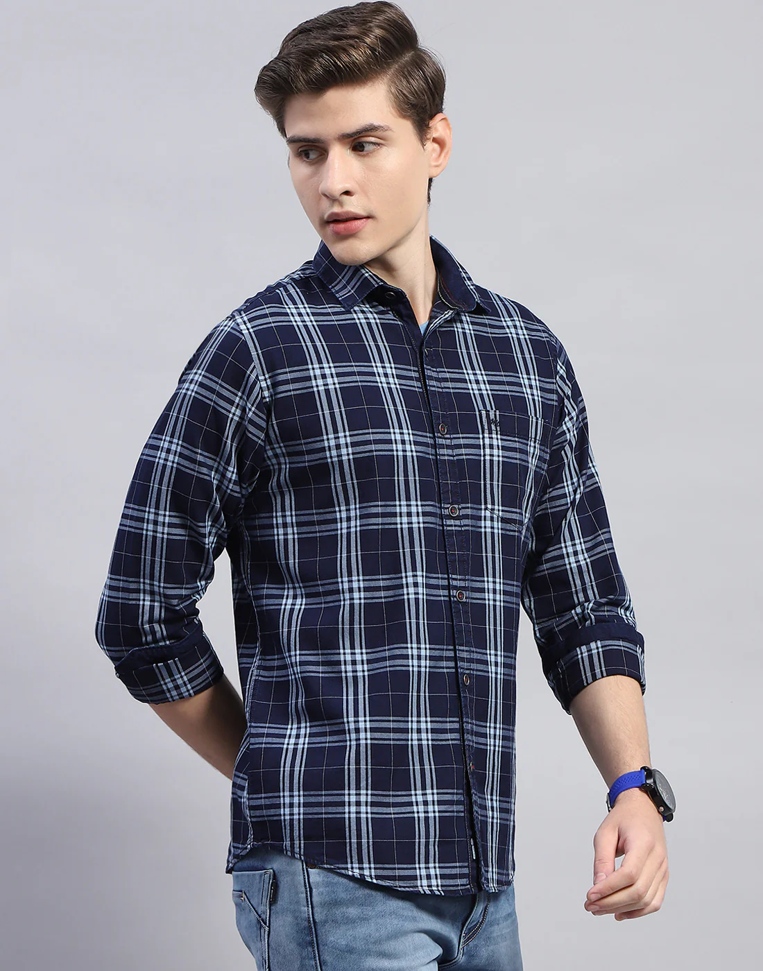 Men Navy Blue Check Collar Full Sleeve Shirt - Image 4