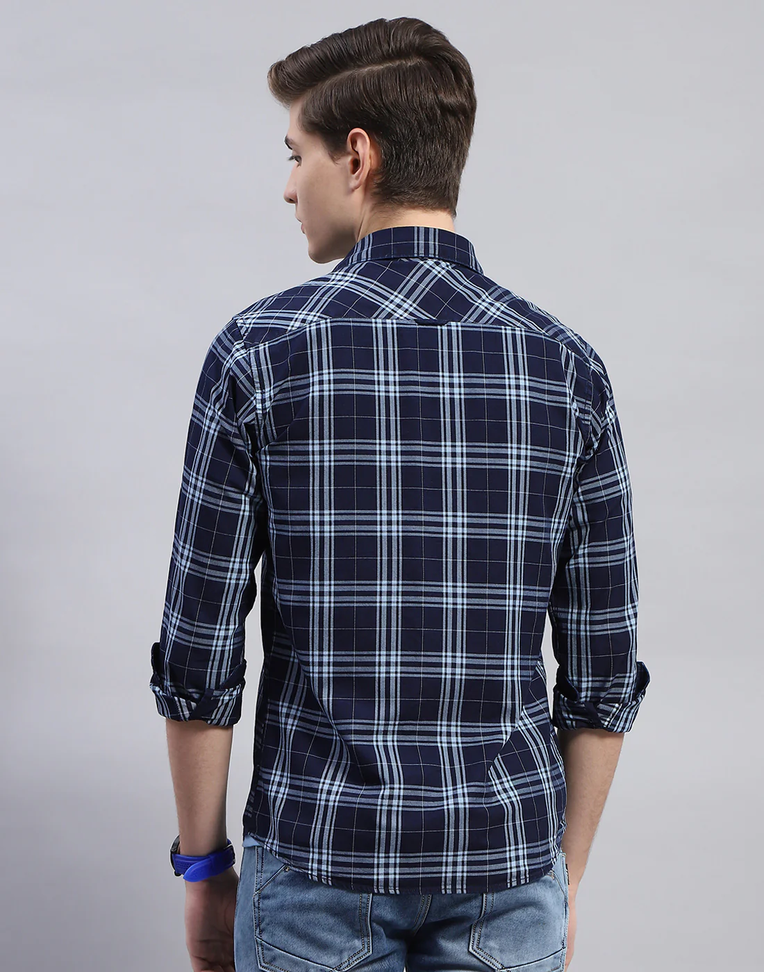 Men Navy Blue Check Collar Full Sleeve Shirt - Image 5