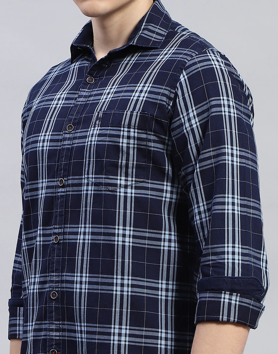 Men Navy Blue Check Collar Full Sleeve Shirt - Image 7