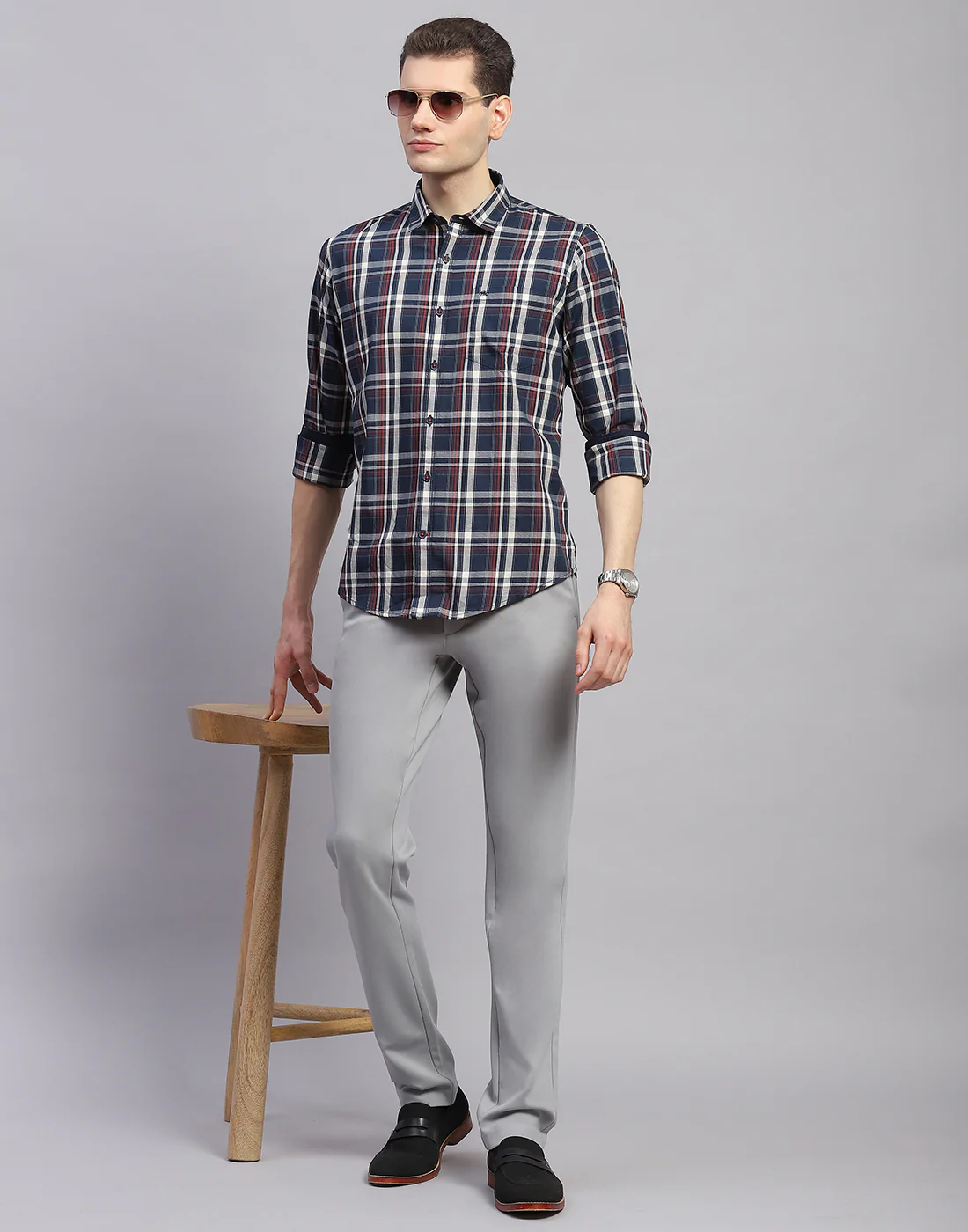 Men Navy Blue Check Collar Full Sleeve Shirt - Image 2