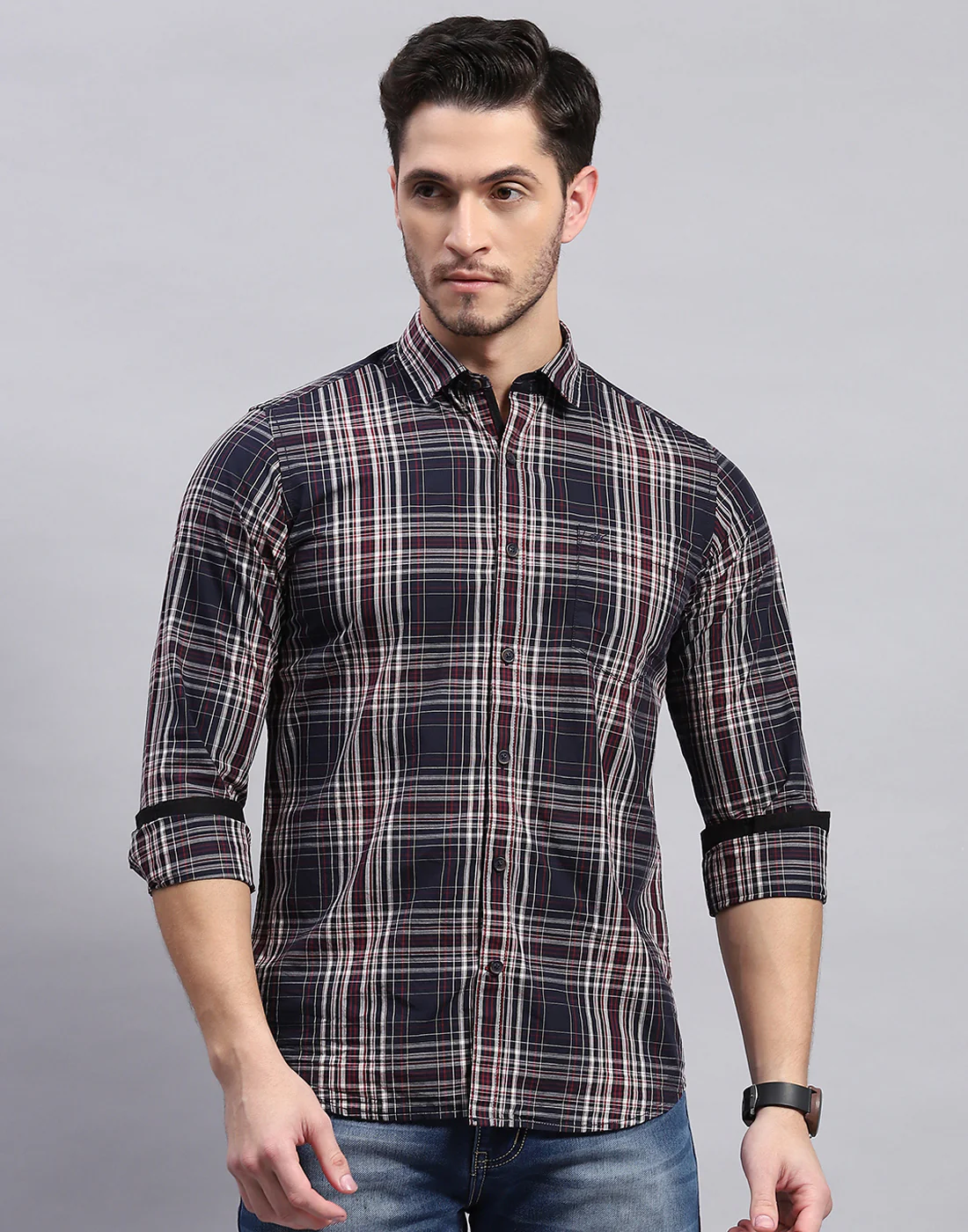Men Navy Blue Check Collar Full Sleeve Shirt - Image 3