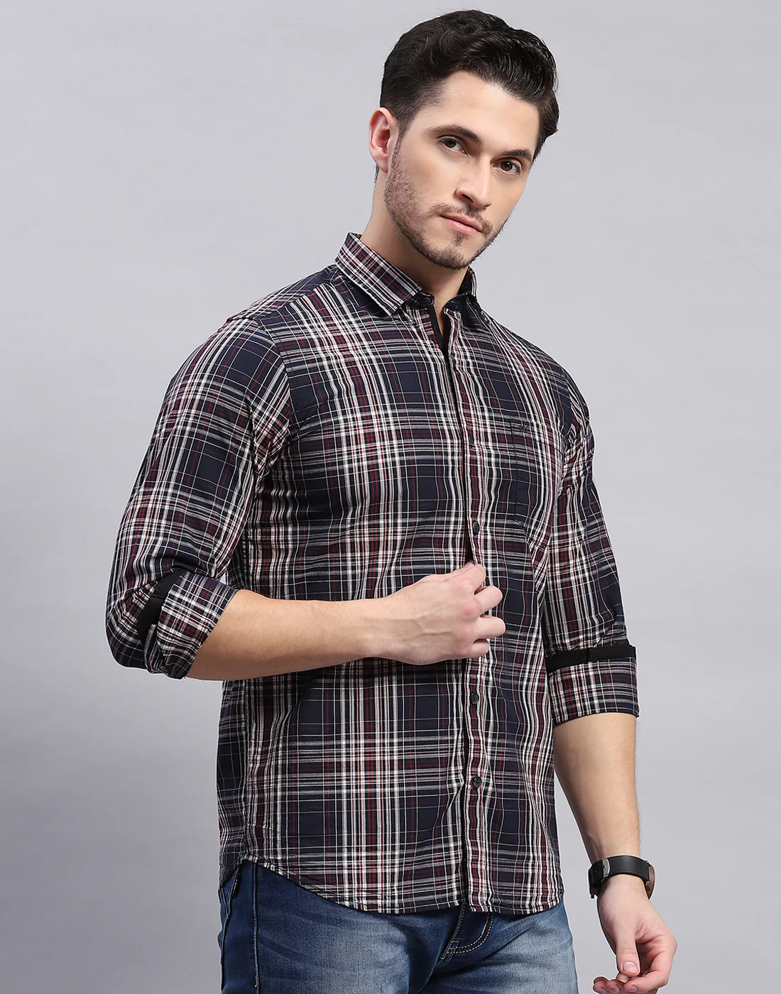 Men Navy Blue Check Collar Full Sleeve Shirt - Image 4