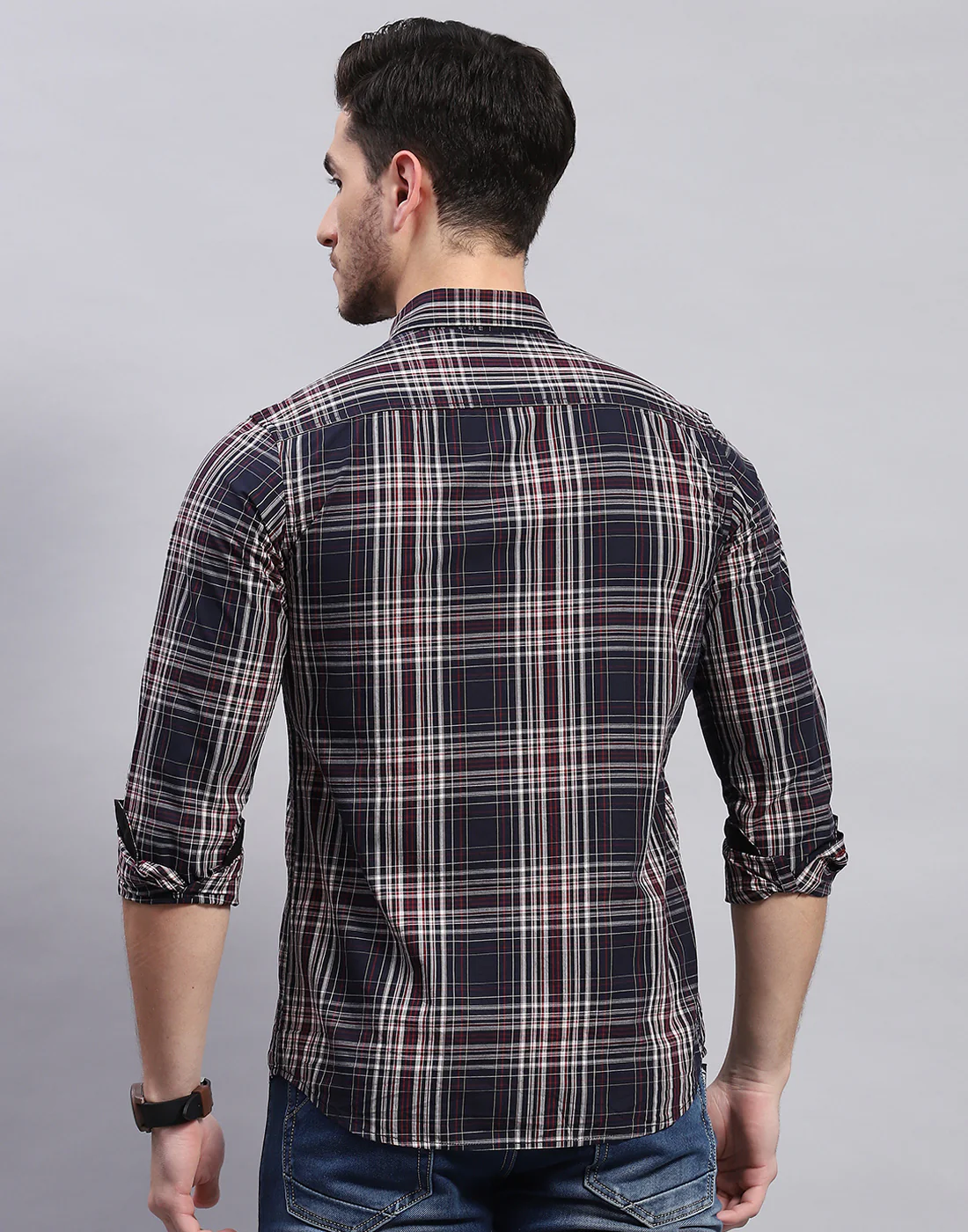 Men Navy Blue Check Collar Full Sleeve Shirt - Image 5