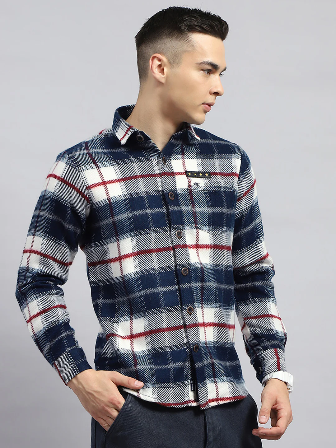 Men Navy Blue Check Collar Full Sleeve Shirt - Image 4