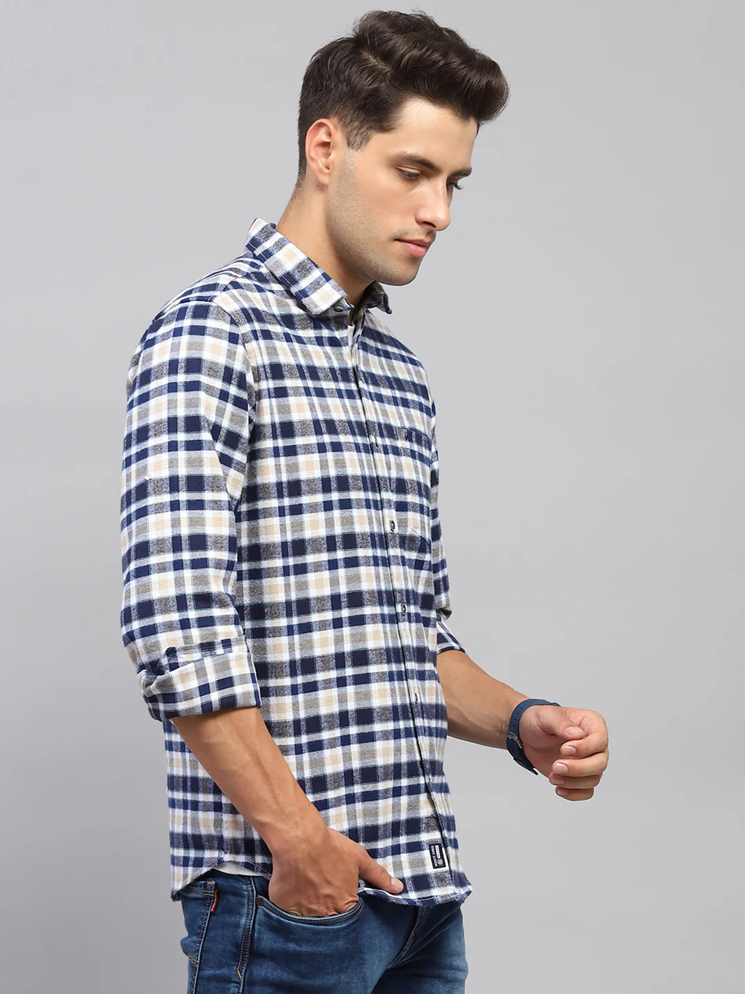 Men Navy Blue Check Collar Full Sleeve Shirt - Image 4