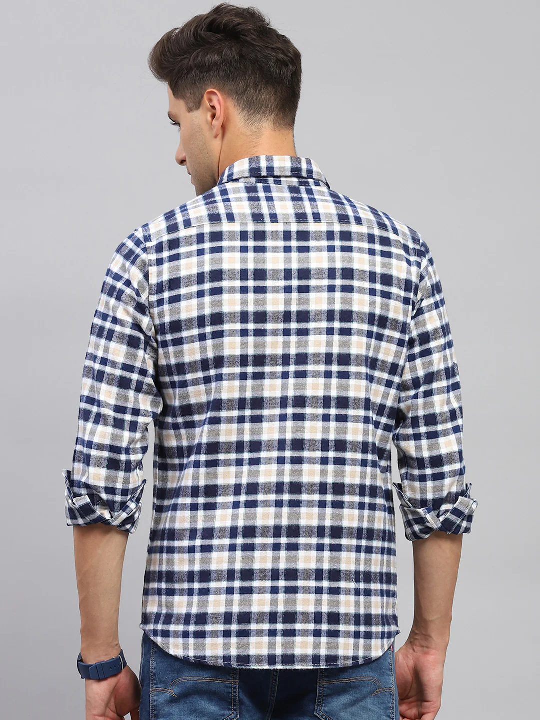 Men Navy Blue Check Collar Full Sleeve Shirt - Image 5