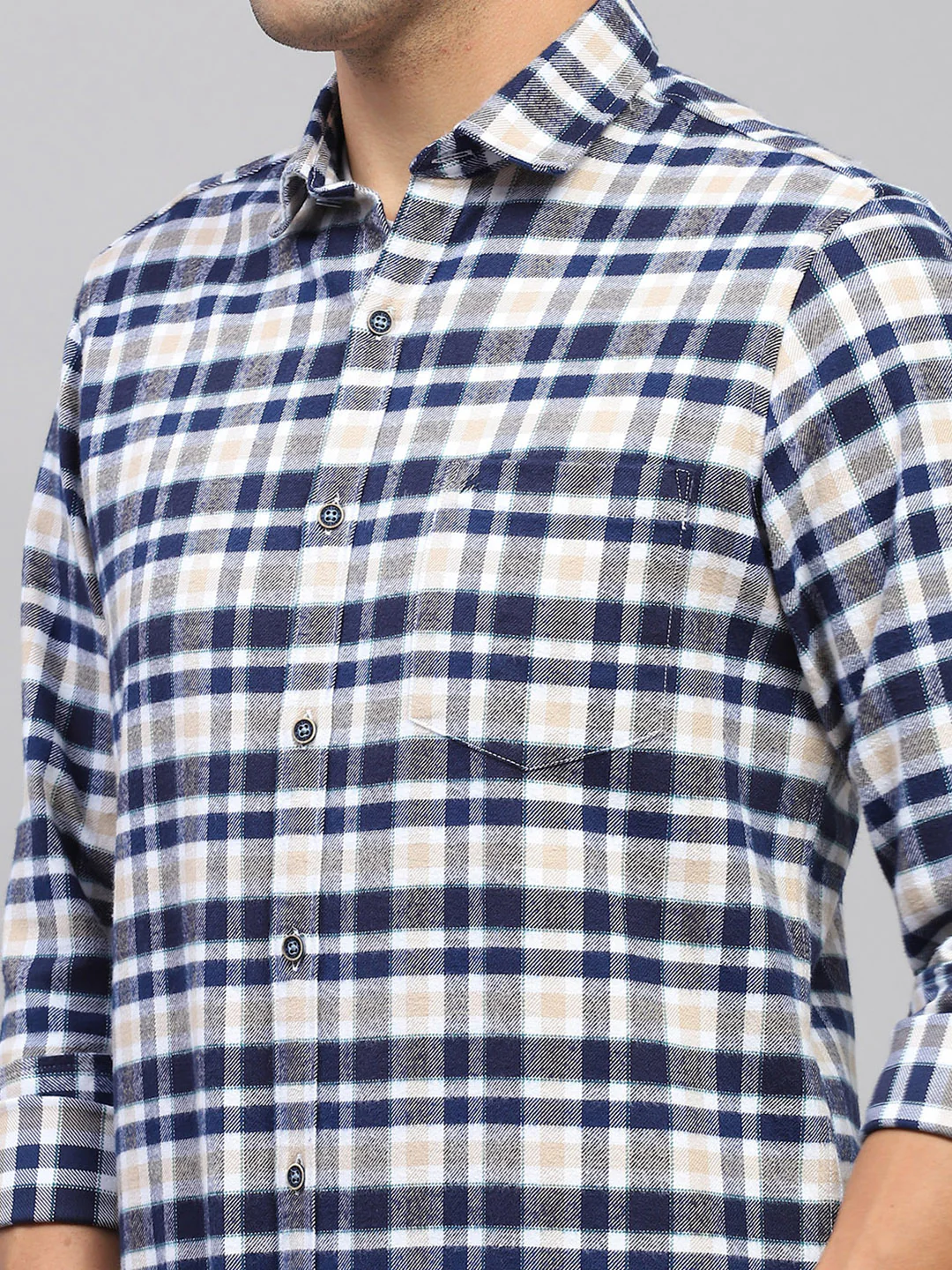 Men Navy Blue Check Collar Full Sleeve Shirt - Image 6