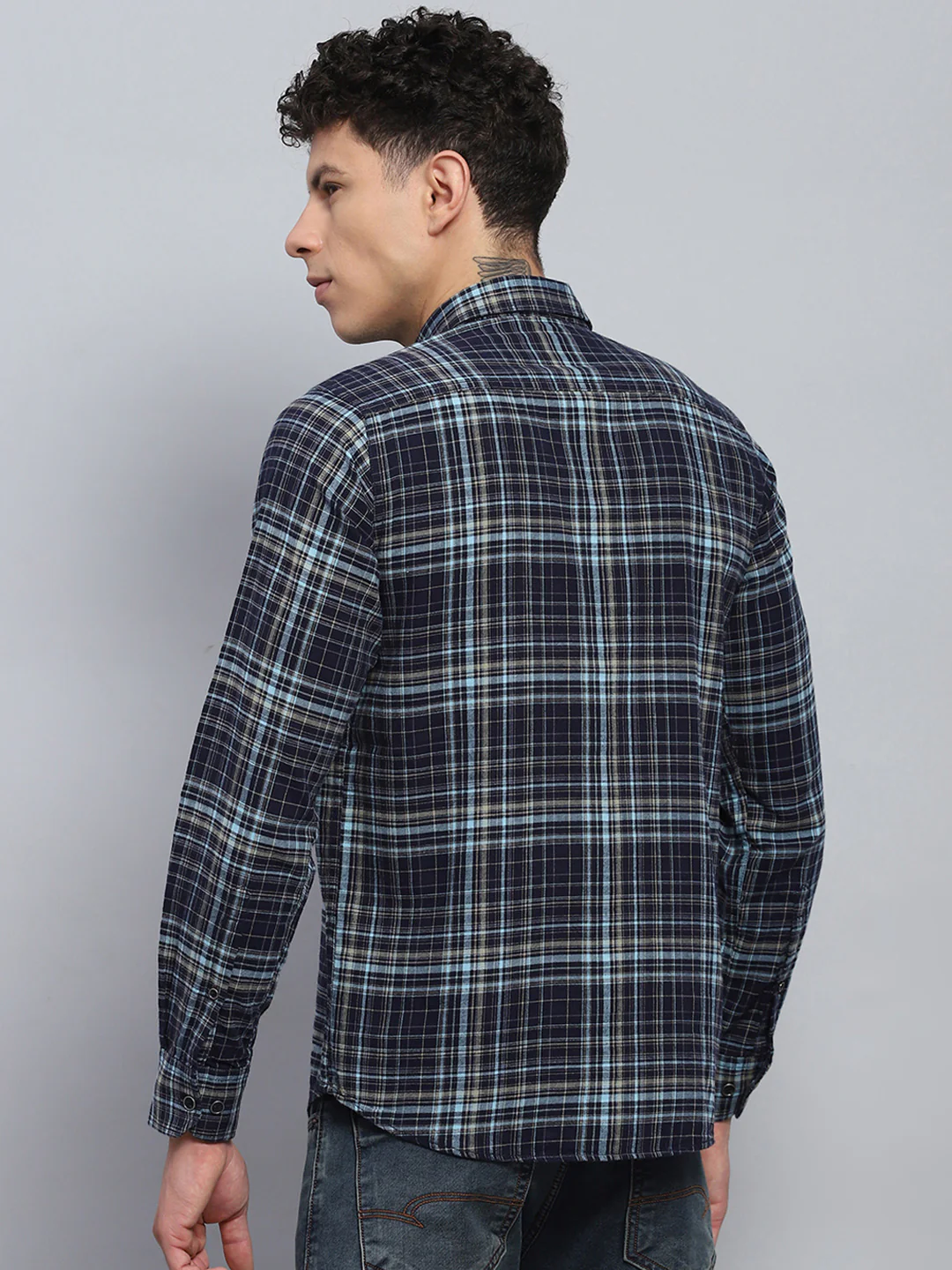 Men Navy Blue Check Collar Full Sleeve Shirt - Image 5