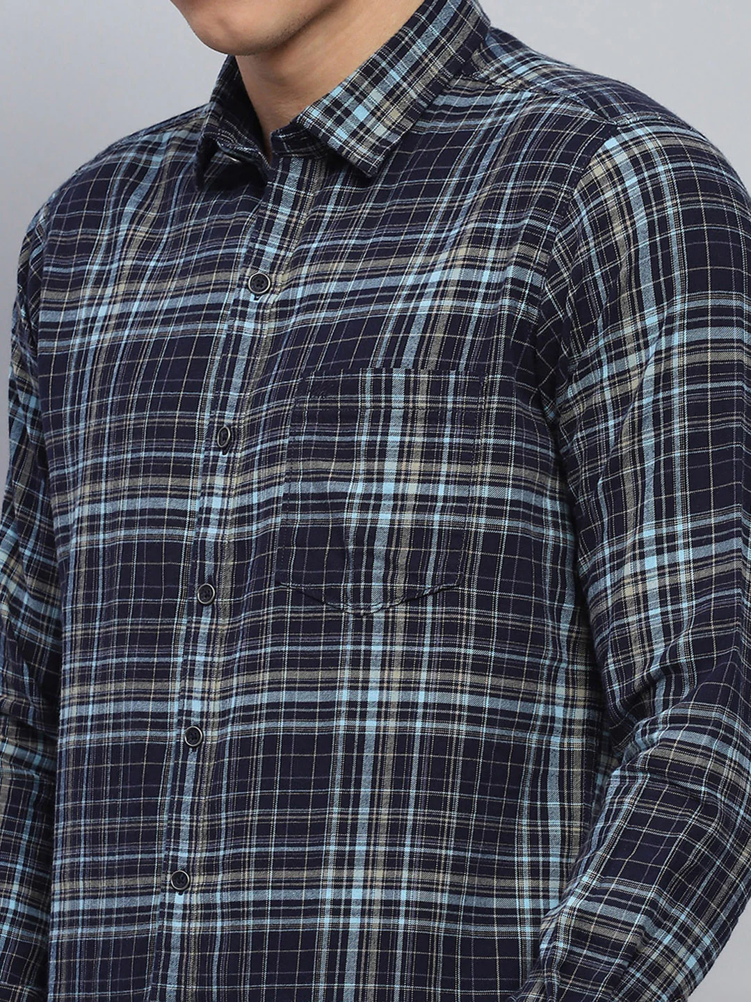 Men Navy Blue Check Collar Full Sleeve Shirt - Image 6