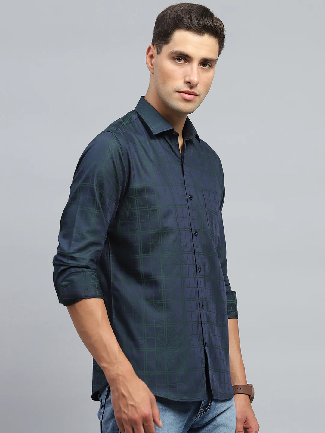 Luxuria Men Navy Blue Check Collar Full Sleeve Shirt - Image 4
