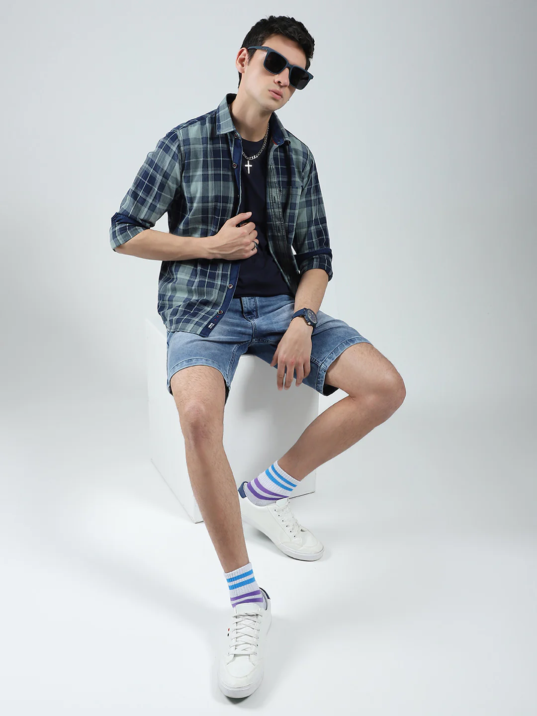 Men Navy Blue Check Collar Full Sleeve Shirt - Image 2