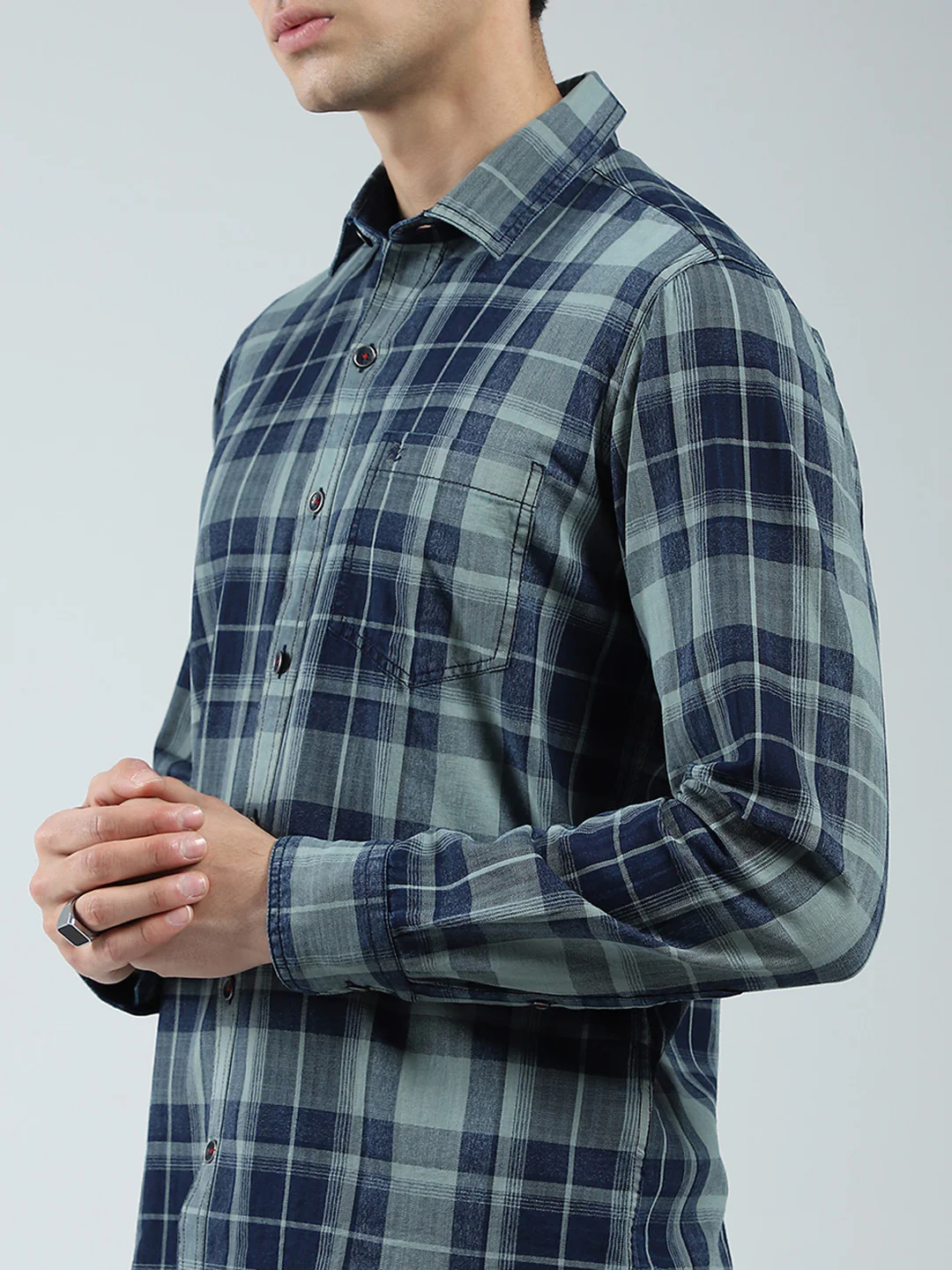 Men Navy Blue Check Collar Full Sleeve Shirt - Image 7