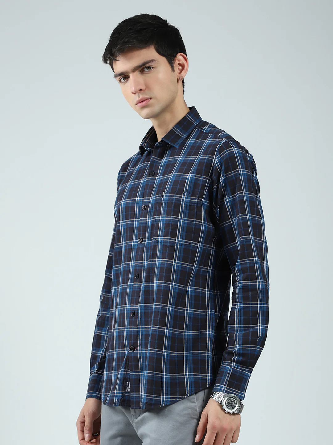 Men Navy Blue Check Collar Full Sleeve Shirt - Image 3