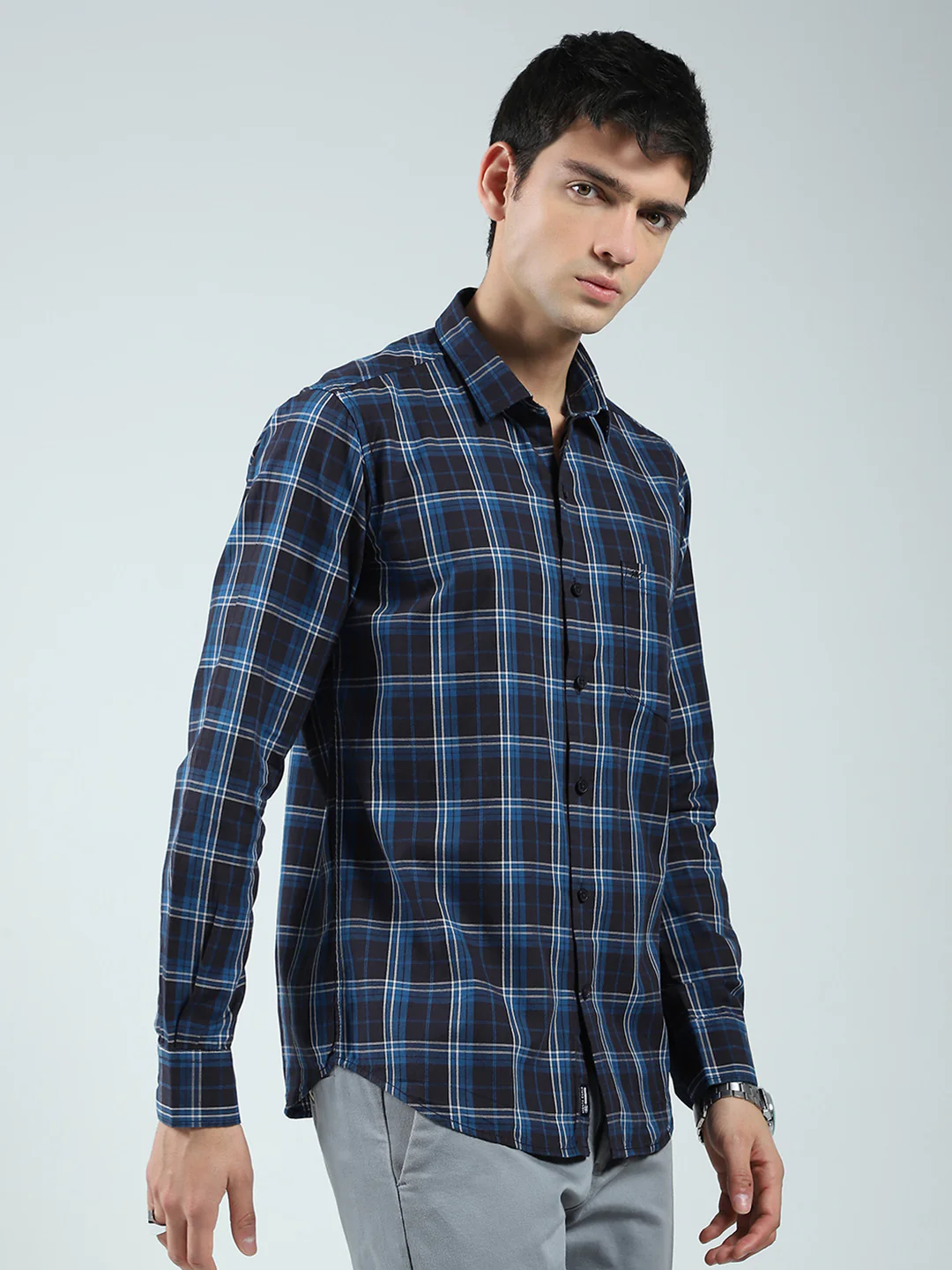 Men Navy Blue Check Collar Full Sleeve Shirt - Image 4