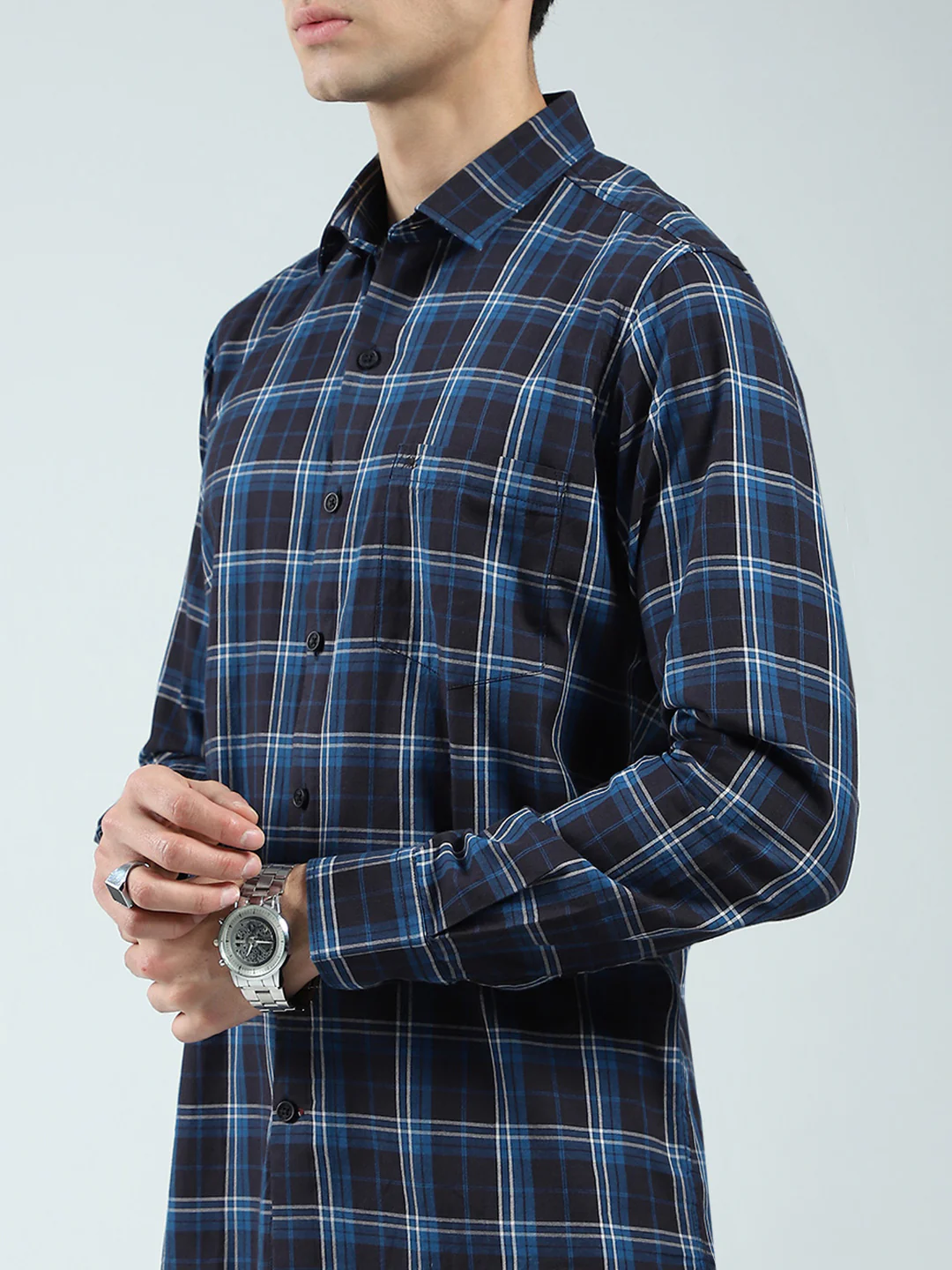 Men Navy Blue Check Collar Full Sleeve Shirt - Image 6