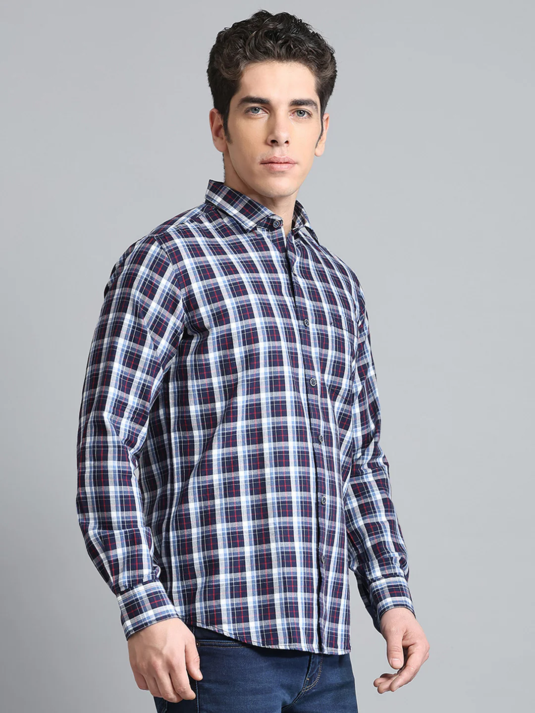 Men Navy Blue Check Collar Full Sleeve Shirt - Image 4