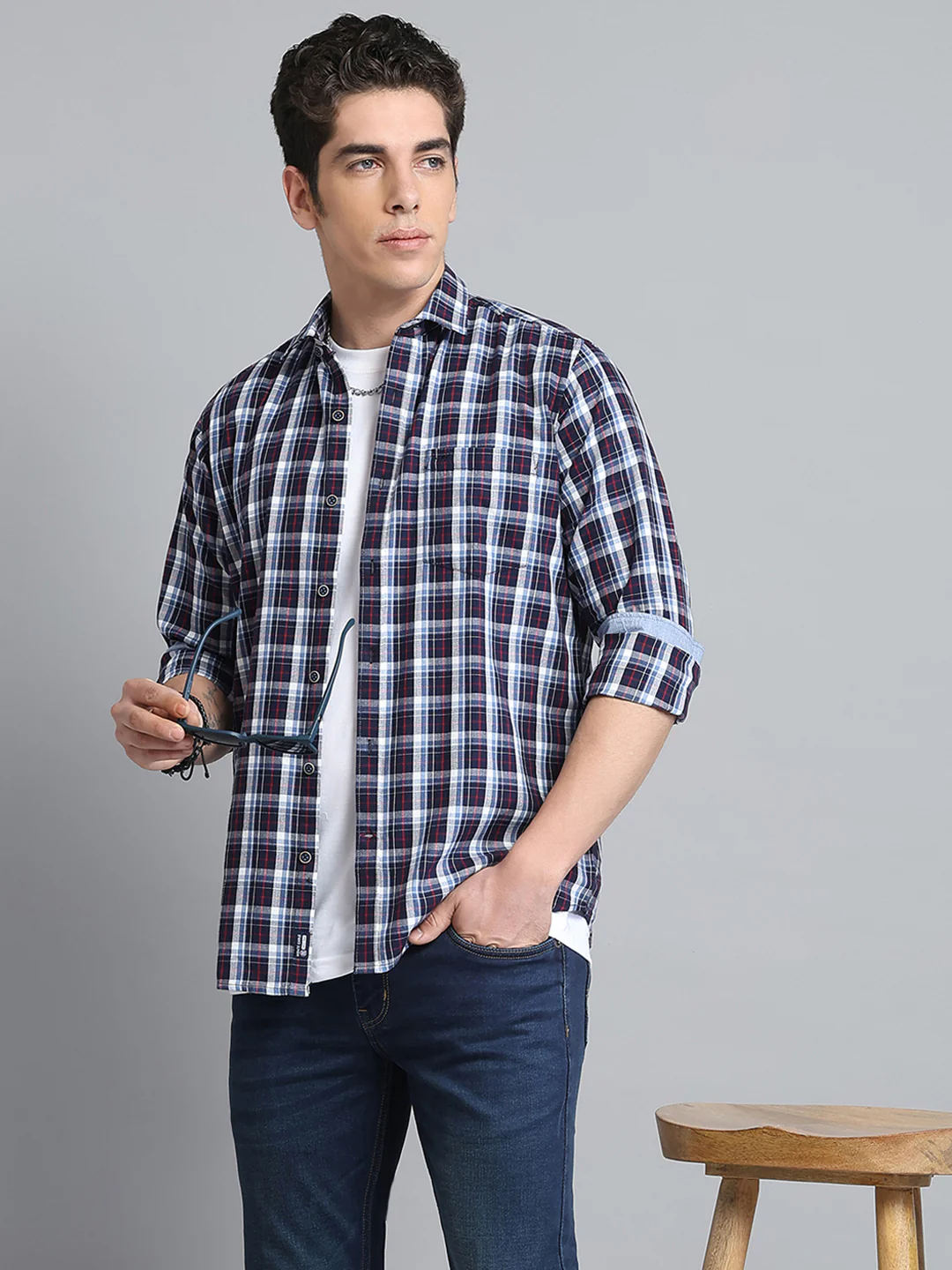Men Navy Blue Check Collar Full Sleeve Shirt - Image 6