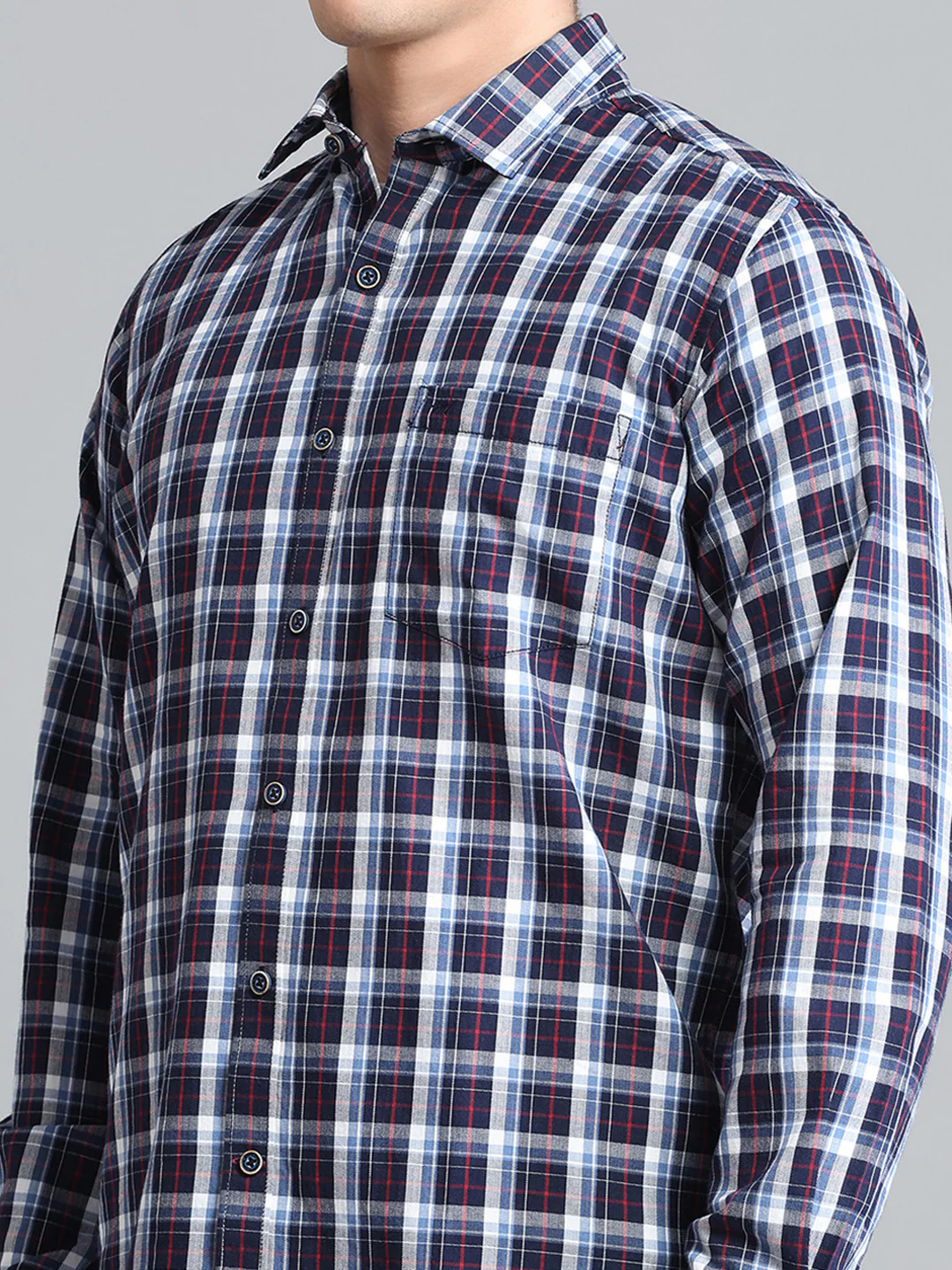 Men Navy Blue Check Collar Full Sleeve Shirt - Image 7