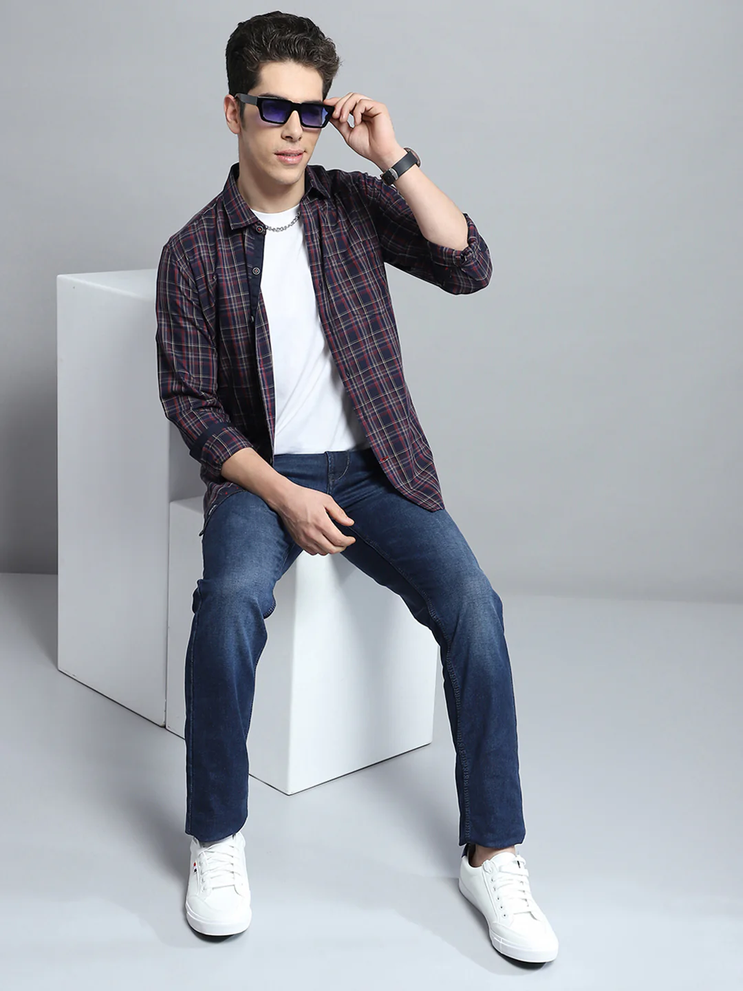 Men Navy Blue Check Collar Full Sleeve Shirt - Image 2